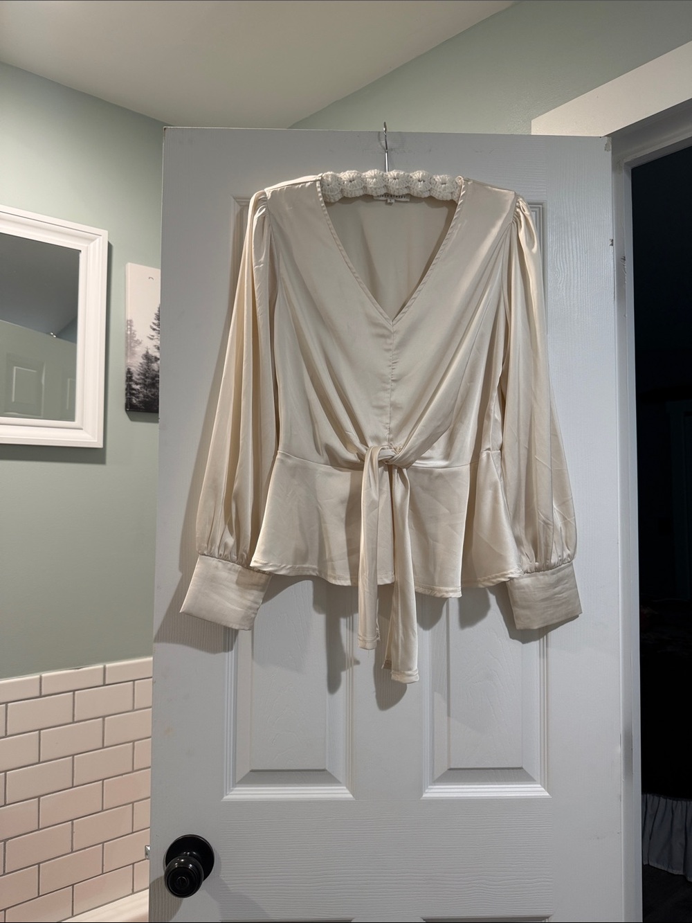 Cream Satin V-Neck Peplum Tie Blouse